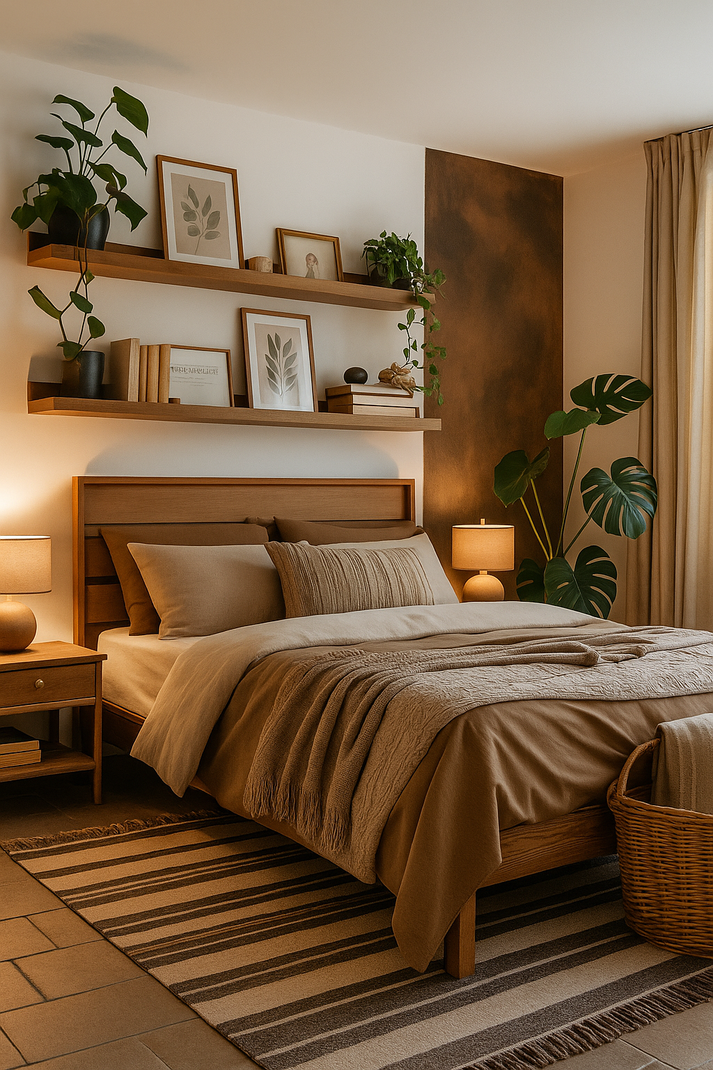 10 Warm Neutral Bedroom Aesthetic with Wooden Accents & Indoor Plants